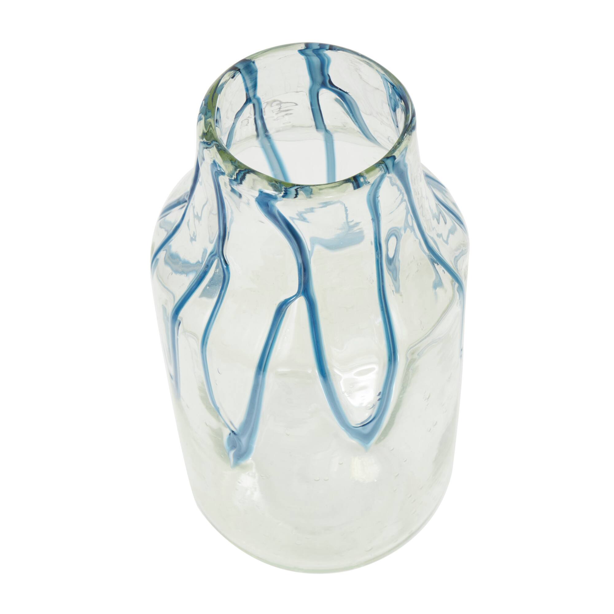 13" Cream with Wavy Blue Design Abstract Glass Vase